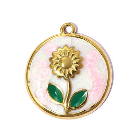 304 нержавеющей стальной эмали подвески, плоская круглая форма с подвеской в виде цветка розы, ионное покрытие (ip), долговечный, реальный 18 k позолоченный