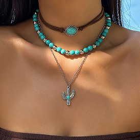 3Pcs 3 Styles Retro Synthetic Turquoise & CCB Plastic Beaded Necklace Set, Cow Head/Cactus Alloy Pendant Necklaces for Women