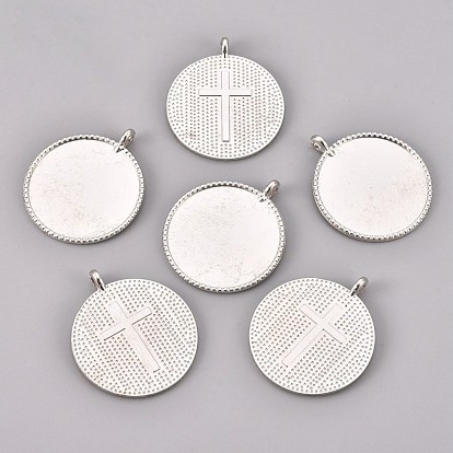 Alloy Pendant Cabochon Settings, Milled Edge Bezel Cups, Flat Round with Cross
