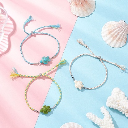 3шт. браслетов из окрашенной синтетической бирюзы, браслеты для женщин, черепаха, с плетеным макраме хлопковым шнуром