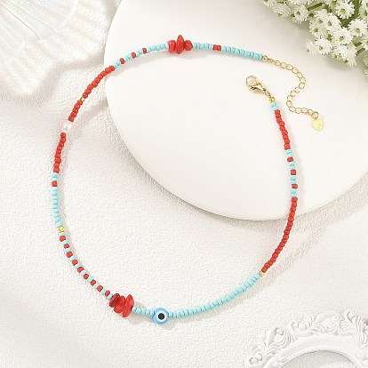 Handmade Lampwork Evil Eye & Glass & Natural Pearl Beaded Necklaces for Women, Red and Sky Blue