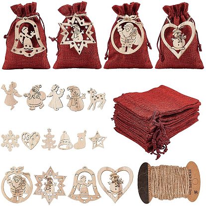 30PCS  Christmas Themed Unfinished Wooden Pendants, with 10M Jute Twine, 30PCS Burlap Packing Pouches, Mixed Shapes,  for Hanging Decorations