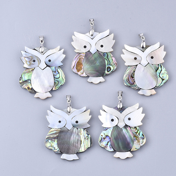 Shell Pendants, with Brass Findings, Owl, Platinum