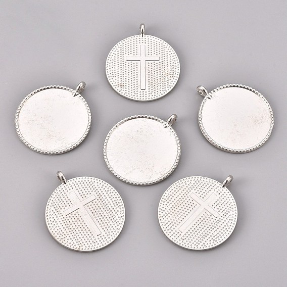 Alloy Pendant Cabochon Settings, Milled Edge Bezel Cups, Flat Round with Cross