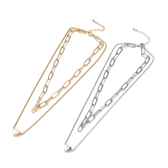 304 Stainless Steel Double Chains Multi Layered Necklace with Heart Beaded for Women