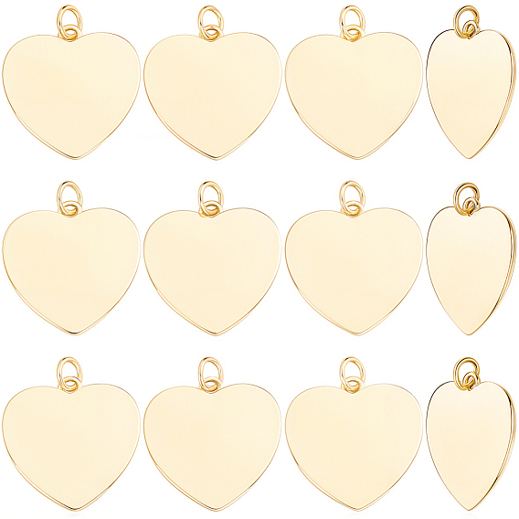 12Pcs Brass Heart Charms, with Jump Ring
