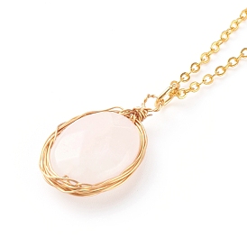 Natural Rose Quartz Pendant Necklaces, with Brass Cable Chains, Oval, Golden