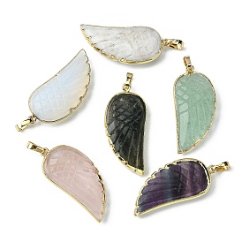 Gemstone Pendants, Wing Charms, with Rack Plating Golden Plated Brass Edge