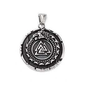 304 Stainless Steel Pendants, Flat Round with Valknut & Helm of Awe