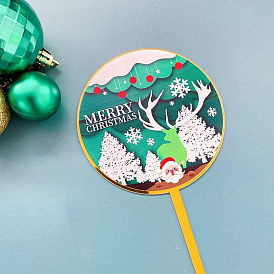 Christmas Acrylic Cake Toppers, Cake Decoration Supplies, Round with Chritmas Tree and Word Merry Christmas