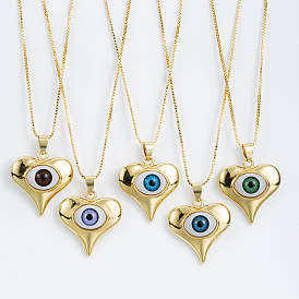 Brass Pendant Necklaces, Box Chain Necklaces, Heart with Evil Eye