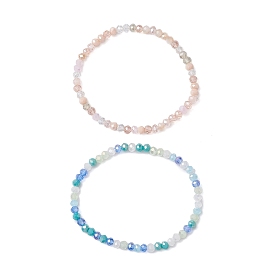 2Pcs 2 Colors Electroplate Faceted Rondelle Glass Beaded Stretch Bracelet Sets, Stackable Bracelets for Women