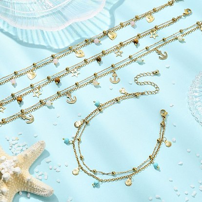 Браслеты на лодыжку для женщин с круглым натуральным драгоценным камнем и подвеской из нержавеющей стали., реальный 304 k позолоченный