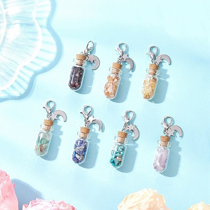 Чакра натуральные и синтетические драгоценные камни в стеклянной бутылке желаний подвеска украшение, с подвесками в виде звезд и луны из нержавеющей стали
