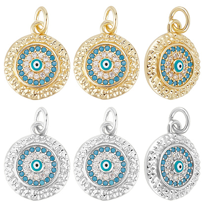 6 шт 2 цвета кулоны из латуни, микропаве, циркония, с эмалью, долговечный, без кадмия и без свинца, плоские круглые с сглаза, с целью перехода в кольце