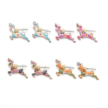 Alloy Dangle Stud Earrings, with Enamel, Eco-Friendly Stainless Steel Pins and Ear Nuts, Printed, Christmas Reindeer/Stag