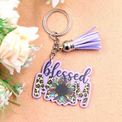 Glitter Word Blessed Mom with Sunflower Acrylic Pendant Keychain, with Tassel and Iron Findings, for Mother's day Gift Keychain
