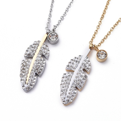 304 Stainless Steel Pendant Necklaces, with Polymer Clay Crystal Rhinestone, Feather