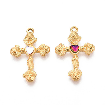 304 подвески из нержавеющей стали, сердце и крест, со стеклом, реальный 18 k позолоченный, ионное покрытие (ip)
