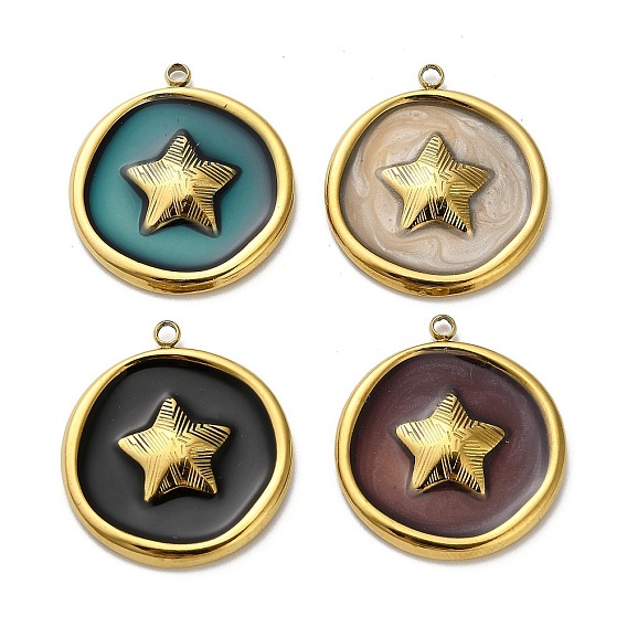 304 подвески из нержавеющей стали, плоские круглые со звездой, с эмалью, реальный 18 k позолоченный, ионное покрытие (ip)