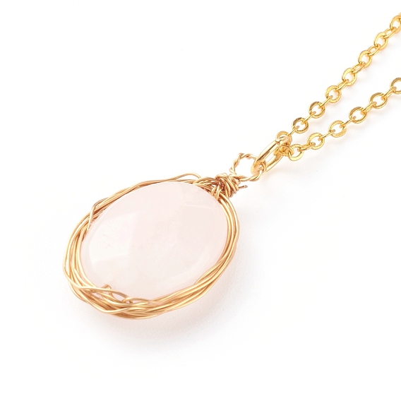 Natural Rose Quartz Pendant Necklaces, with Brass Cable Chains, Oval, Golden