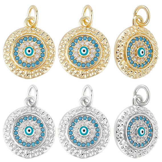 6 шт 2 цвета кулоны из латуни, микропаве, циркония, с эмалью, долговечный, без кадмия и без свинца, плоские круглые с сглаза, с целью перехода в кольце