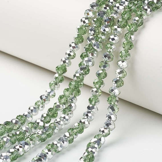 Electroplate Transparent Glass Beads Strands, Half Silver Plated, Faceted, Rondelle