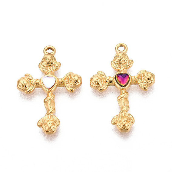 304 подвески из нержавеющей стали, сердце и крест, со стеклом, реальный 18 k позолоченный, ионное покрытие (ip)