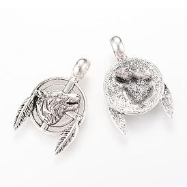 Alloy Pendants, Flat Round with Wolf & Wing, Cadmium Free & Lead Free