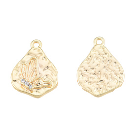 Brass Micro Pave Clear Cubic Zirconia Charms, Nickel Free, Textured, Teardrop with Butterfly