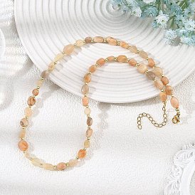 Nuggets Natural Sunstone and Round 304 Stainless Steel Beaded Necklaces