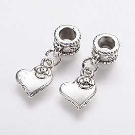 Европейские подвески из сплава в тибетском стиле, Подвески с большими отверстиями, Сердце со цветками 