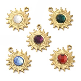 Real 18K Gold Plated 304 Stainless Steel Pendants, with Glass, Sun Charms