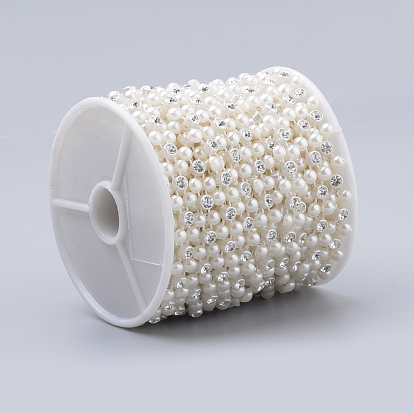 Flower ABS Plastic Imitation Pearl Beaded Trim Garland Strands, with Spool, Glass Rhinestones, for Wedding