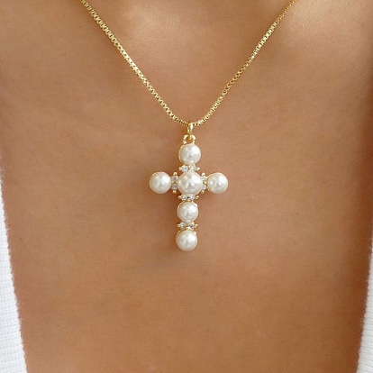 Classic Pearl Cross Necklace with Zirconia, 14k Gold Pendant Chain for Women