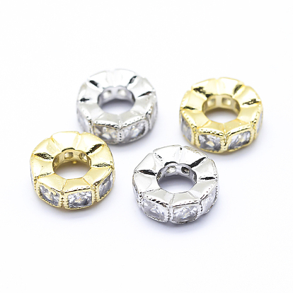 Brass Micro Pave Cubic Zirconia European Beads, Large Hole Beads, Flat Round