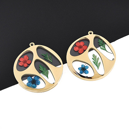 304 подвески из нержавеющей стали с эпоксидной смолой, плоский круглый с засушенным цветком, ионное покрытие (ip), реальный 18 k позолоченный
