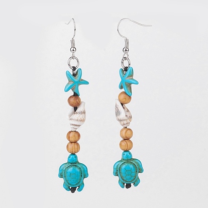 Wood Jewelry Sets, Bracelets & Dangle Earrings, with Dyed Synthetic Turquoise and Spiral Shell, Brass Earring Hooks and Stainless Steel Clasps, Tortoise & Starfish/Sea Stars