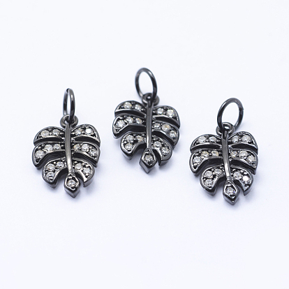 Brass Micro Pave Cubic Zirconia Charms, Tropical Leaf Charms, Monstera Leaf, Lead Free & Nickel Free & Cadmium Free