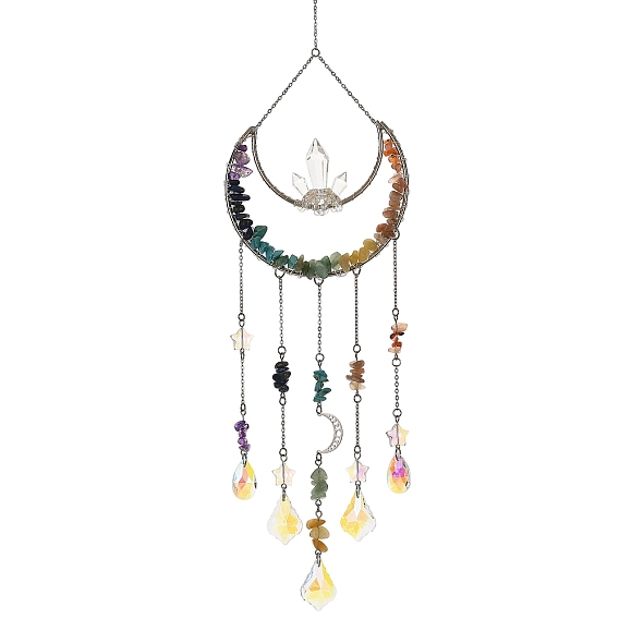 Chakra Natural & Synthetic Gemstone Chips & Metal Moon Suncatchers, Glass Teardrop Leaf Charms Window Hanging Prism Light Catcher Decor