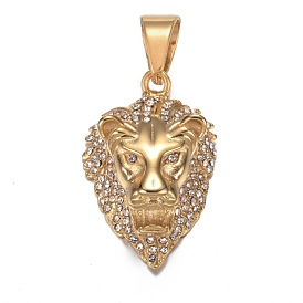 316 Surgical Stainless Steel Pendants, King of The Jungle Charms, Lion Head, with Rhinestones, 37.5x24.5x12mm, Hole: 7x9.5mm