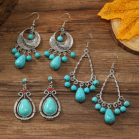 Серьги-подвески из синтетической бирюзы в стиле бохо, винтажные этнические серьги из тибетского сплава