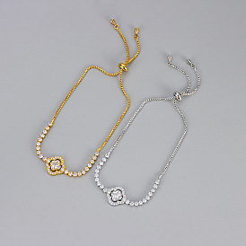 Браслеты-слайдеры из латуни с микропаве и прозрачными кубическими циркониями., Регулируемые браслеты в форме клевера для женщин