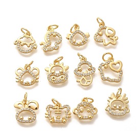 Rack Plating Brass Micro Pave Cubic Zirconia Pendants, Long-Lasting Plated, Lead Free & Cadmium Free, Zodiac Signs Charms, with Jump Ring