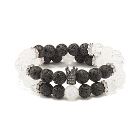 Natural Crackle Quartz & Lava Rock Round Beads Stretch Bracelets Set, Crown Brass Micro Pave Cubic Zirconia Beads Bracelets for Women
