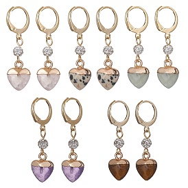 Heart Natural Mixed Gemstone Dangle Leverback Earrings, Golden 304 Stainless Steel Earrings
