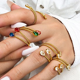 304 Stainless Steel Micro Pave Clear Cubic Zirconia Cuff Open Rings, Teardrop, Wide Band Rings
