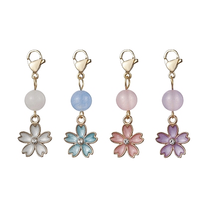 Decoraciones colgantes de flores de esmalte de aleación, Cuentas de jade natural de Malasia y dijes con cierres de garra de langosta
