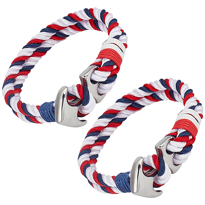 2Pcs Stainless Steel Anchor Link Bracelet, Red Blue White Cord Bracelet, for Independence Day