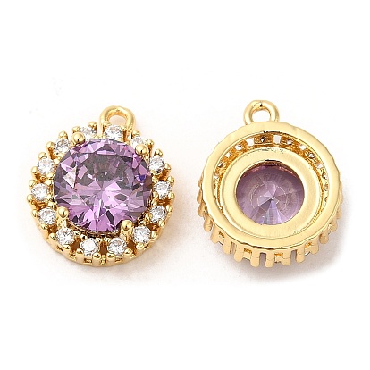 Brass and Clear Cubic Zirconia Pendants, Cadmium Free & Nickel Free & Lead Free, Flat Round